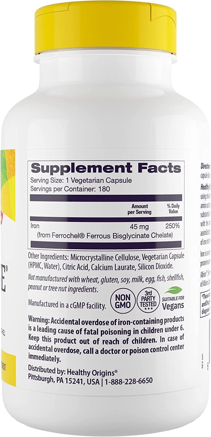 Healthy Origins Iron Ease (Featuring Ferrochel), 45 mg - Easily Digestible Iron Supplements for Men & Women - Vegan, Non-GMO & Gluten-Free Supplement - 180 Veggie Capsules