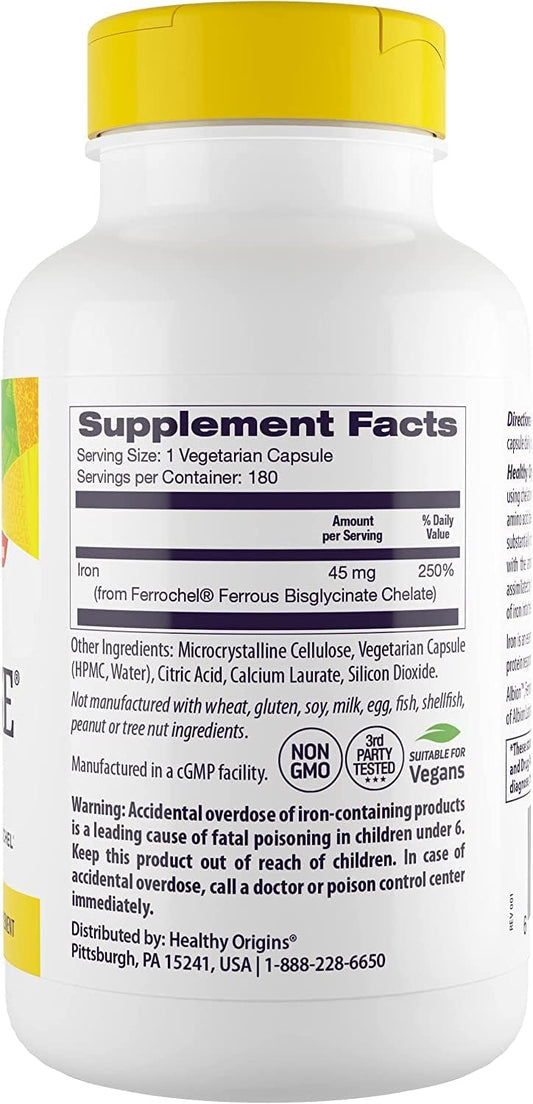 Healthy Origins Iron Ease (Featuring Ferrochel), 45 mg - Easily Digestible Iron Supplements for Men & Women - Vegan, Non-GMO & Gluten-Free Supplement - 180 Veggie Capsules