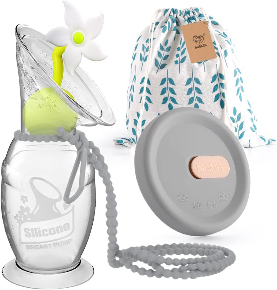 haakaa Manual Breast Pump 100ml with Flower Stopper, Silicone Lid & Silicone Strap Set Breastfeeding Essentials