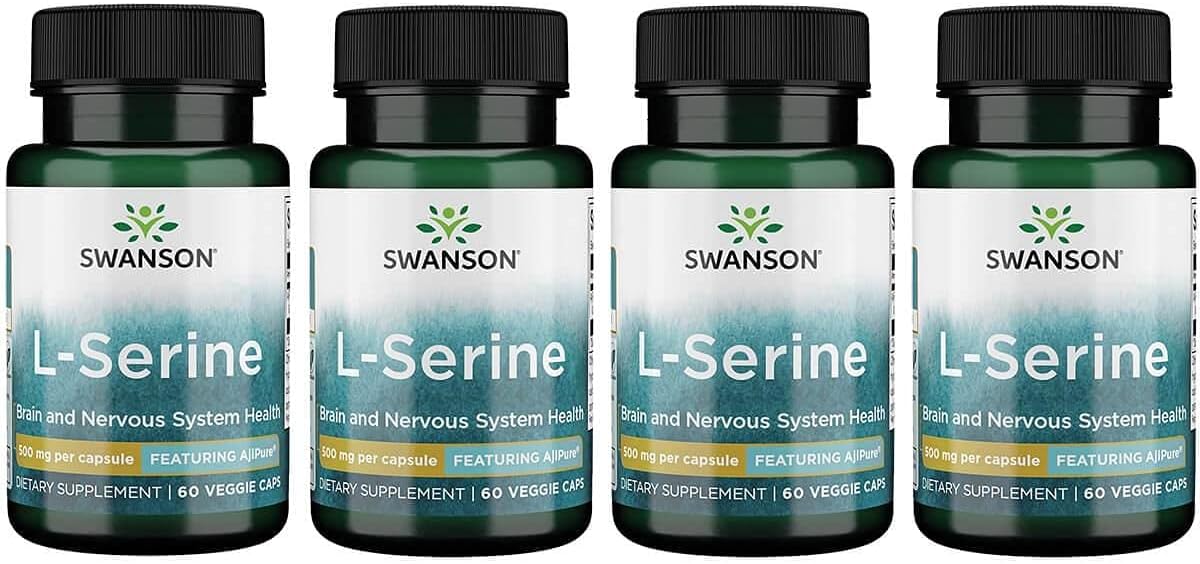 Swanson Ajipure L-Serine - Amino Acid Supplement Supporting Brain Health & Nervous System Function - Natural Formula Promoting Cognitive Function - (60 Veggie Capsules, 500Mg Each) 4 Pack