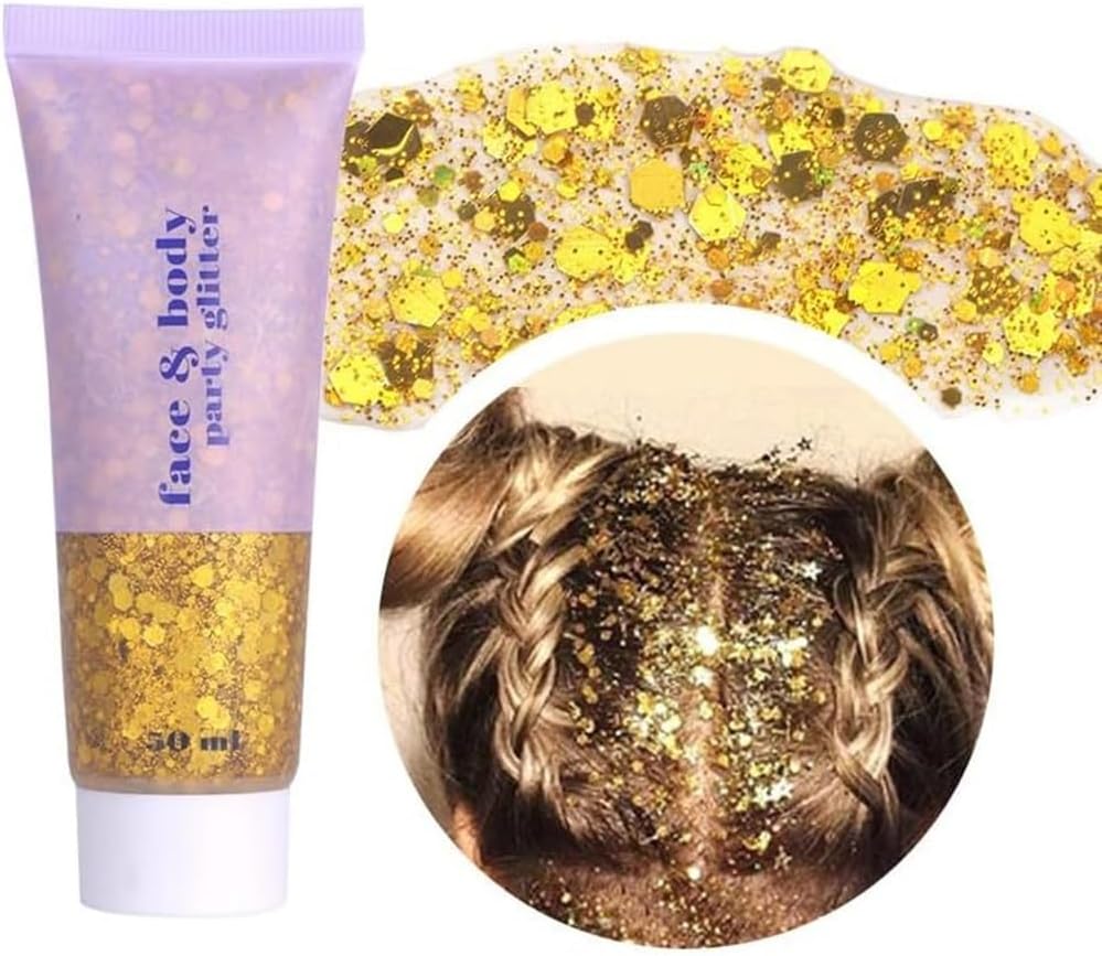 Beliky Girl Body Glitter Gel, 50Ml Face Glitters Body Gel Sequins Shimmer Liquid Eyeshadow, Mermaid Sequins Liquid Holographic Glitter Gel, Chunky Glitter For Face Hair Nails (Gold)