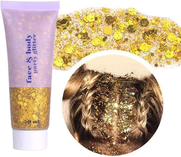 Beliky Girl Body Glitter Gel, 50Ml Face Glitters Body Gel Sequins Shimmer Liquid Eyeshadow, Mermaid Sequins Liquid Holographic Glitter Gel, Chunky Glitter For Face Hair Nails (Gold)