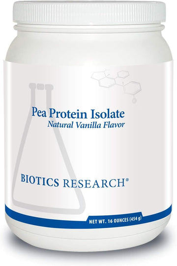 Biotics Research Pea Protein Isolate Natural Vanilla Flavored. Mixes Easily With Water Or Juice. Premium Pea Protein. 25 Gram Clean Protein Per Serving 16 Ounces