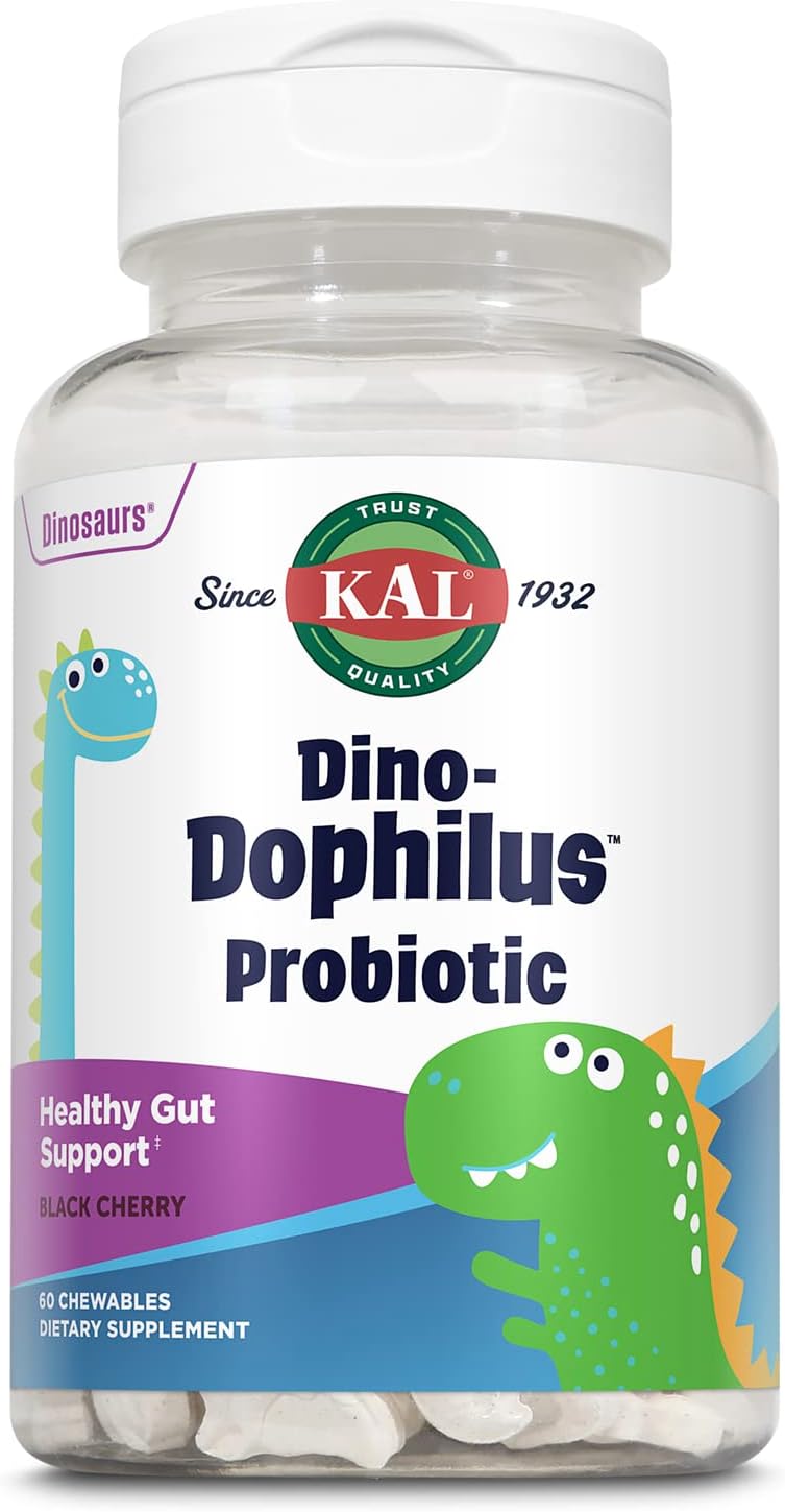 KAL DinoDophilus Probiotics for Kids, Kids Probiotic with 2 Billion CFU, Chewable Kids Probiotics with Natural Black Cherry Flavor for Gut Health and Digestion Support, 60 Servings, 60 Chewables