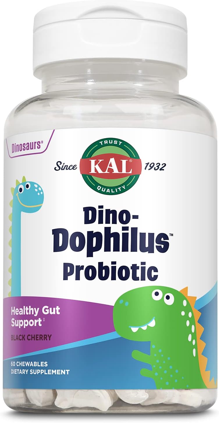 Kal Dinodophilus Probiotics For Kids, Kids Probiotic With 2 Billion Cfu, Chewable Kids Probiotics With Natural Black Cherry Avor For Gut Health And Digestion Support, 60 Servings, 60 Chewables