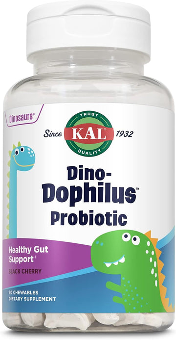 KAL DinoDophilus Probiotics for Kids, Kids Probiotic with 2 Billion CFU, Chewable Kids Probiotics with Natural Black Cherry avor for Gut Health and Digestion Support, 60 Servings, 60 Chewables