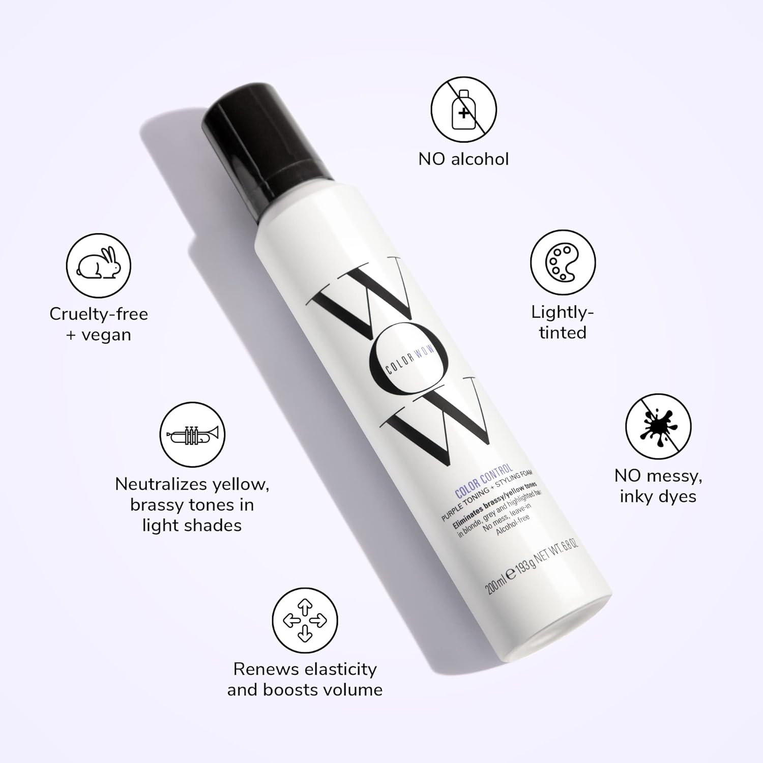 COLOR WOW Color Control Purple Toning + Styling Foam – Instantly rids Blonde & Gray hair of brassy, yellow tones, Alcohol free, crunch free styling : Beauty & Personal Care
