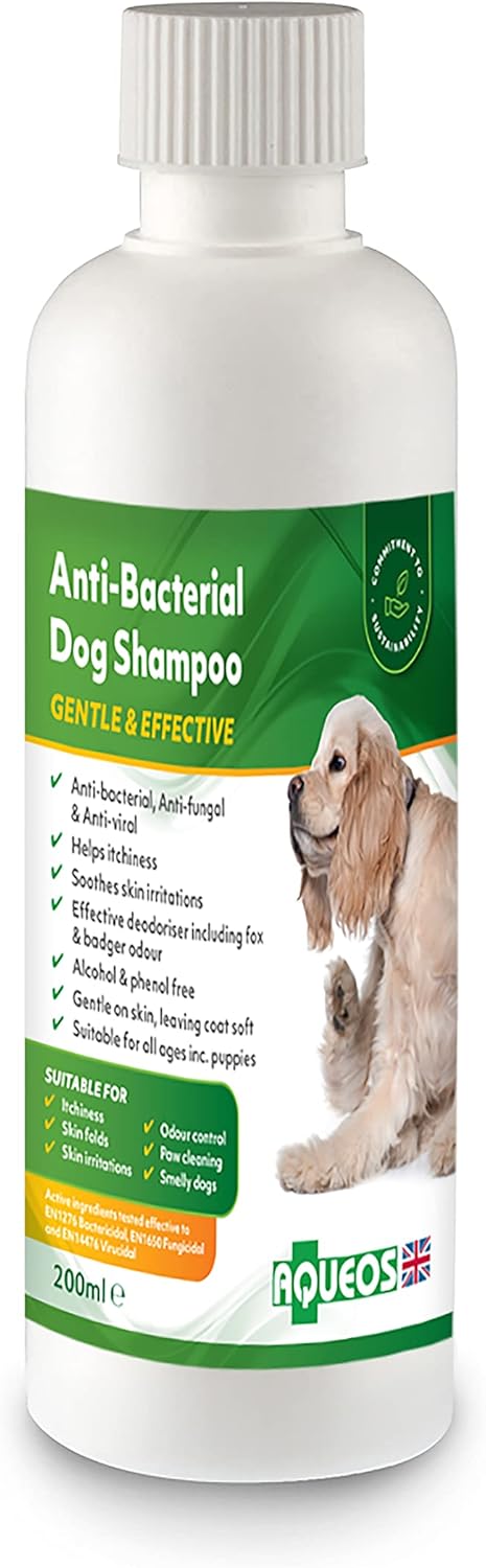 Aqueos Dog Shampoo | Antibacterial, Antiviral & Antifungal | Anti-Itch | Smelly Dogs | Itchy Dogs | Skin Irritations | Skin Soothing | 200 Ml