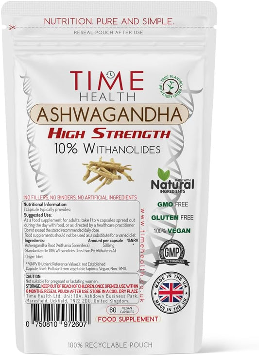 Ashwagandha - 10% Withanolides - HIGH Strength - Maximum Benefits - UK Manufactured - Zero Additives - Pullulan (60 Capsules) : Amazon.co.uk: Health & Personal Care