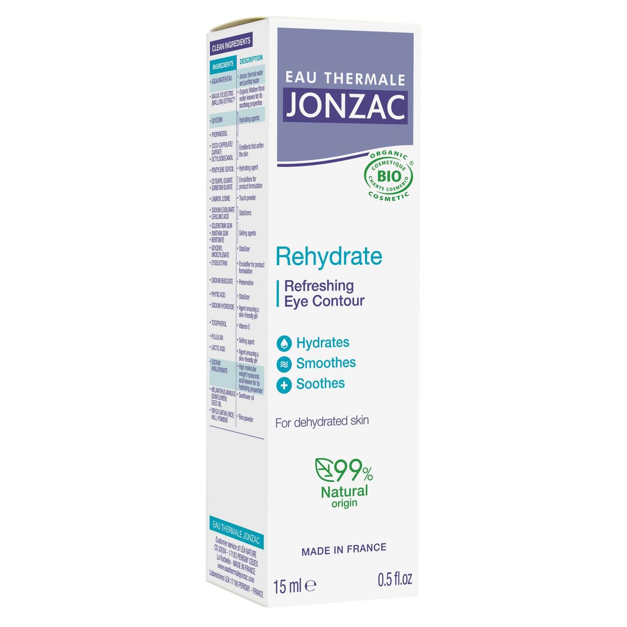 Rehydrate Organic Refreshing Eye Contour Cream - Soothing Hydration With Hyaluronic Acid For Dark Circles -For Sensitive Skin 0.5 Fl Oz