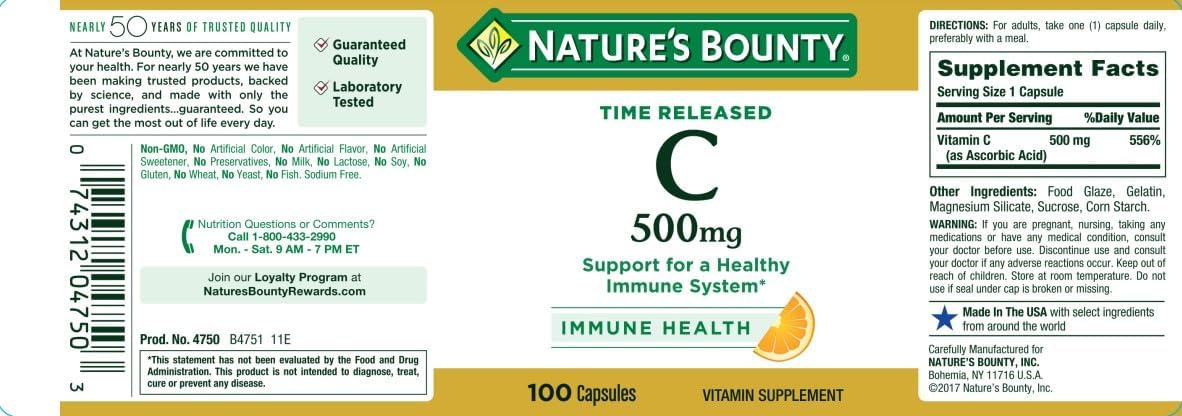 Nature'S Bounty Pure Vitamin C 500 Mg - 100 Tablets, Pack Of 5