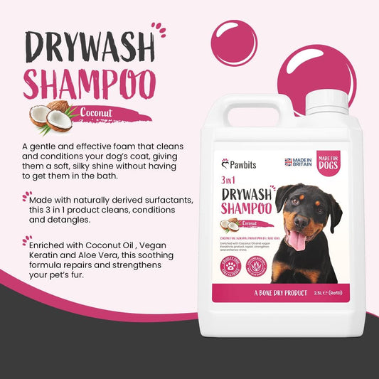 Pawbits Drywash Shampoo for Dogs - Puppy Friendly 3-in-1 Dry Shampoo to Clean, Condition & Detangle – No Water Required (Coconut - 2.5L)??PB-DRYWASH