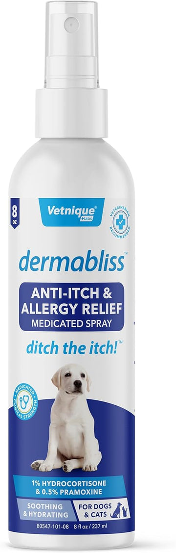 Vetnique Dermabliss Anti Itch Spray for Dogs & Cats with Hydrocortisone for Allergies and Immediate Dog Itching Skin Relief - Fragrance Free with Soothing Oat Extract (8oz Anti Itch Spray)