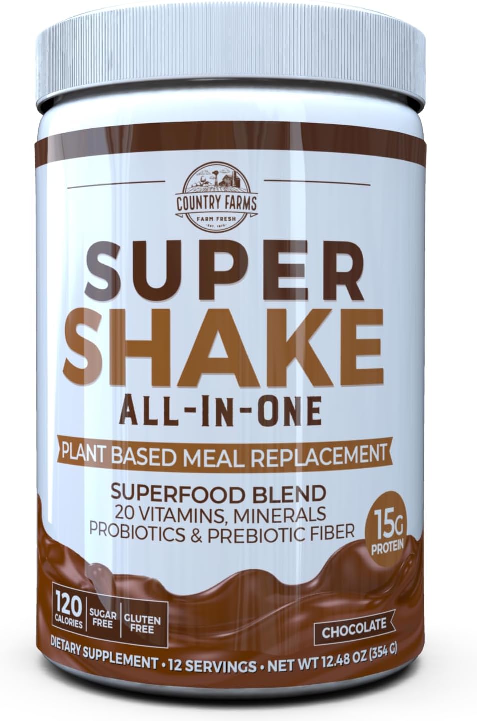 Country Farms All-in-One Super Shake Meal Replacement 15g Plant Protein Dietary Supplement with Superfoods, Vitamins, Probiotics and Prebiotics, 12 Servings, Chocolate, 12.48 Oz : Health & Household