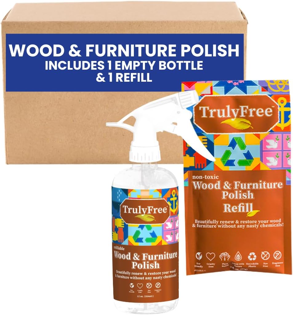 Truly Free Natural Wood Cleaner & Furniture Polish - Leather Cleaner, Vinyl, Furniture & Wood Polish, Helps Remove Water Stain, Unscented - Includes: 1 Refillable Empty 12Oz Bottle & 1 Refill(3 Fl Oz)