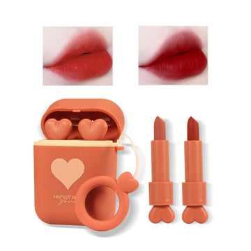 Lamuseland Matte Lipstick, 2Pc/Set Waterproof Long Lasting Moisturizing Lip Stain Earphone Dual-Color Lip Gloss Primer, Non-Stick Cup Lip Make Up Gift Kit For Girls (Red)