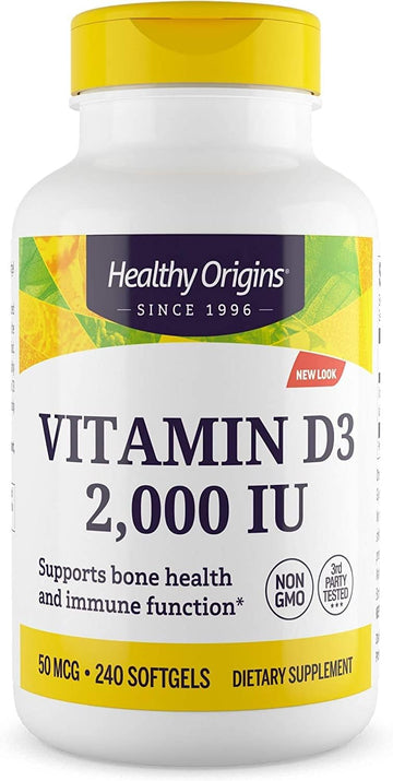Healthy Origins Vitamin D3 (Lanolin) 2,000 IU - Bone Health and Immune Support Supplement - Easily Absorbable Vitamin D Supplements - Gluten-Free Vitamin D3 Supplement - 240 Softgels