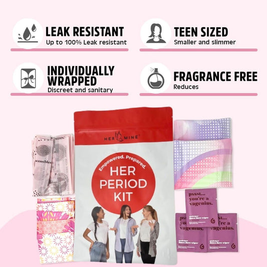 HER-MINE 16 Piece First Period Kit for Girls 10-12 | Period School Supplies for Teen Girls | Hygiene Kit with Period Pads, Mini Pads, Wipes, and Disposal Bags in a Period Bag (Color Varies, 1-Pack)