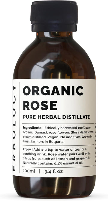 Erbology Organic Rose Water 3.4 Fl Oz - Distilled From Damask Rose - Premium Food Grade Hydrolate Of Rose - Soothes, Hydrates And Calms - Non-Gmo - Recyclable Glass Bottle