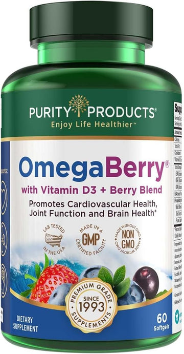 Purity Products OmegaBerry Fish Oil with Vitamin D3 and Organic Acai - 1250mg Concentrated Molecularly Distilled Ultra Pure Omega-3 Fish Oil, 500mg DHA + 650mg EPA - 60 Soft Gels - 30 Day Supply from