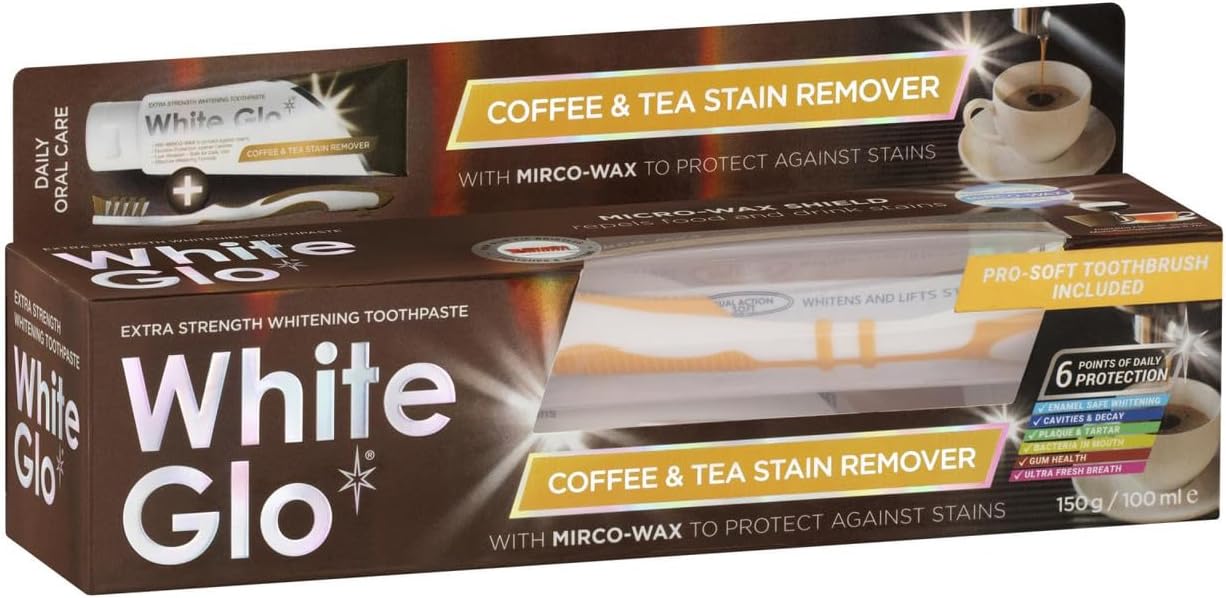 White Glo Coffee & Tea Drinkers Extra Strength Whitening Toothpaste, Revolutionary Micro Wax Protective Shield To Repel Future Stains, Micro-Polishing Particles Targets Yellowing On Teeth - 150G
