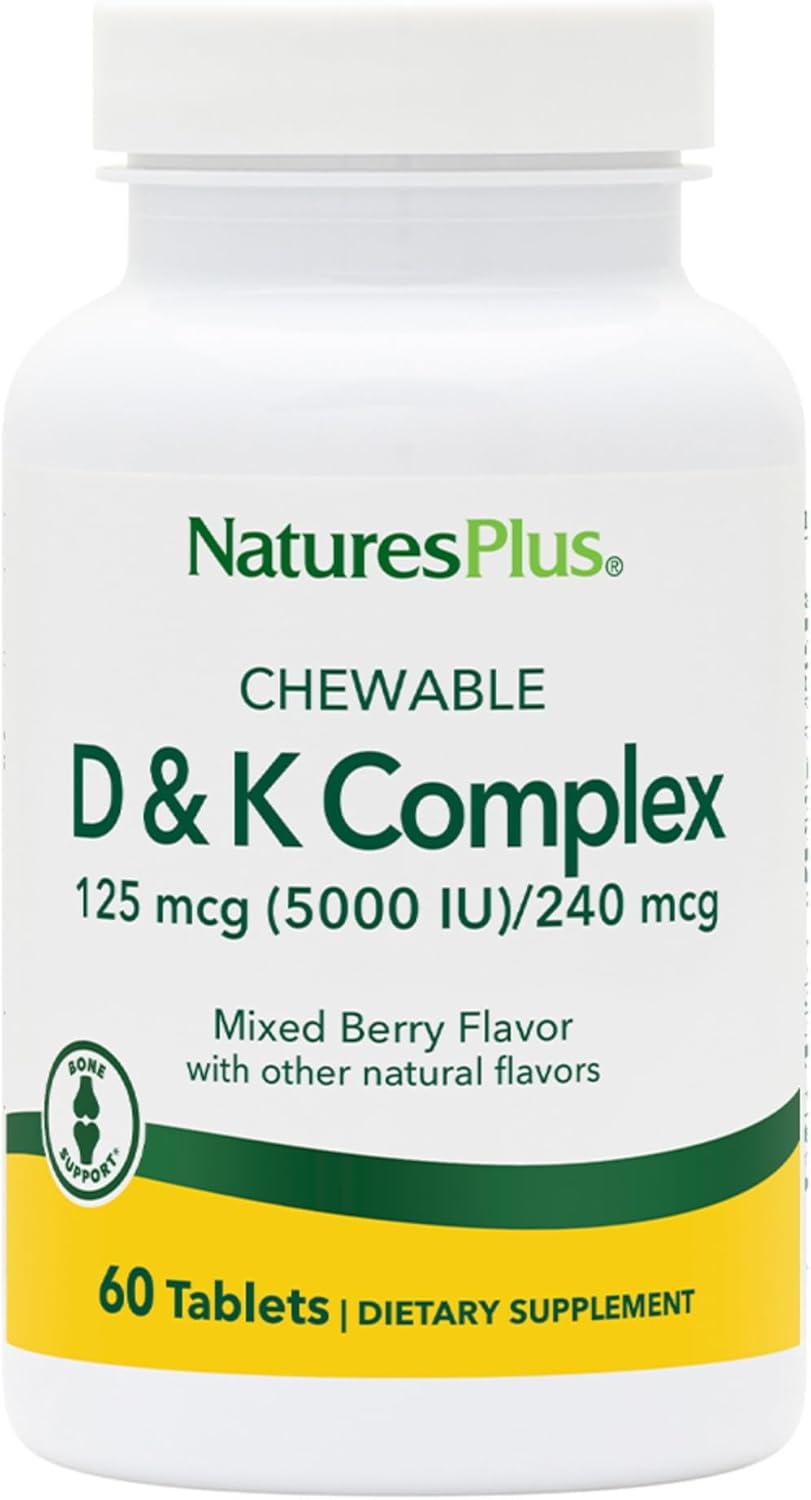 Natures Plus D & K Complex - 60 Mixed Berry Chewables - Supports Calcium Metabolism - Vegetarian, Non-Gmo, Gluten Free, Soy Free - 60 Servings