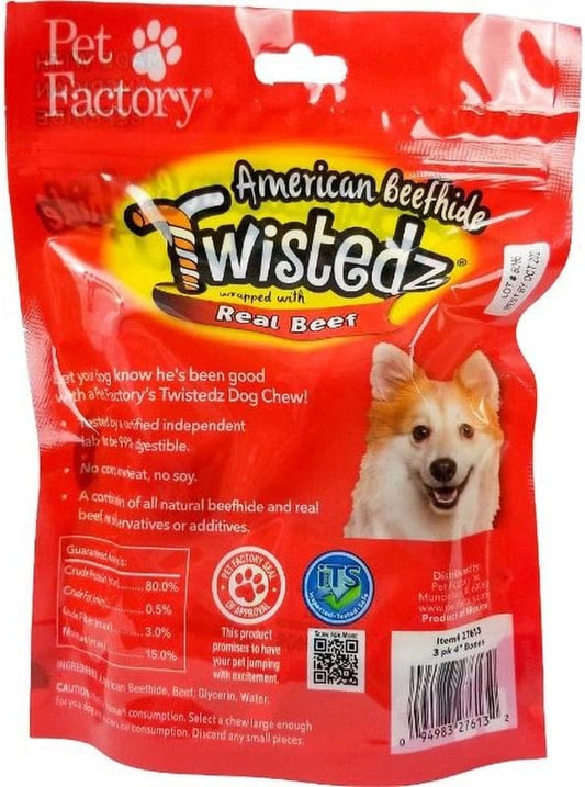 Pet Factory Twistedz American Beefhide 4-5" Knotted Bones Dog Chew Treats W/ Real Beef Meat Wrap - 3 Count/1 Pack