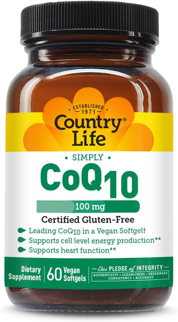 Country Life Simply Coq10 100Mg – Heart Function & Cellular Energy Support Supplement, Pure Coenzyme Q10 For Antioxidant & Cardiovascular Health, Certified Gluten Free & Vegan, 60 Softgels