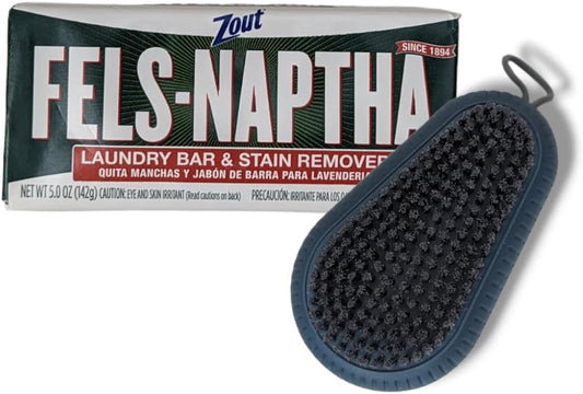Fels Naptha Laundry Detergent Bar Soap and Stain Remover Bundle Includes 1 (5oz) Fels Naptha-Laundry Bar and Blehblu Household Cleaning Scrub Brush - Midnight Blue