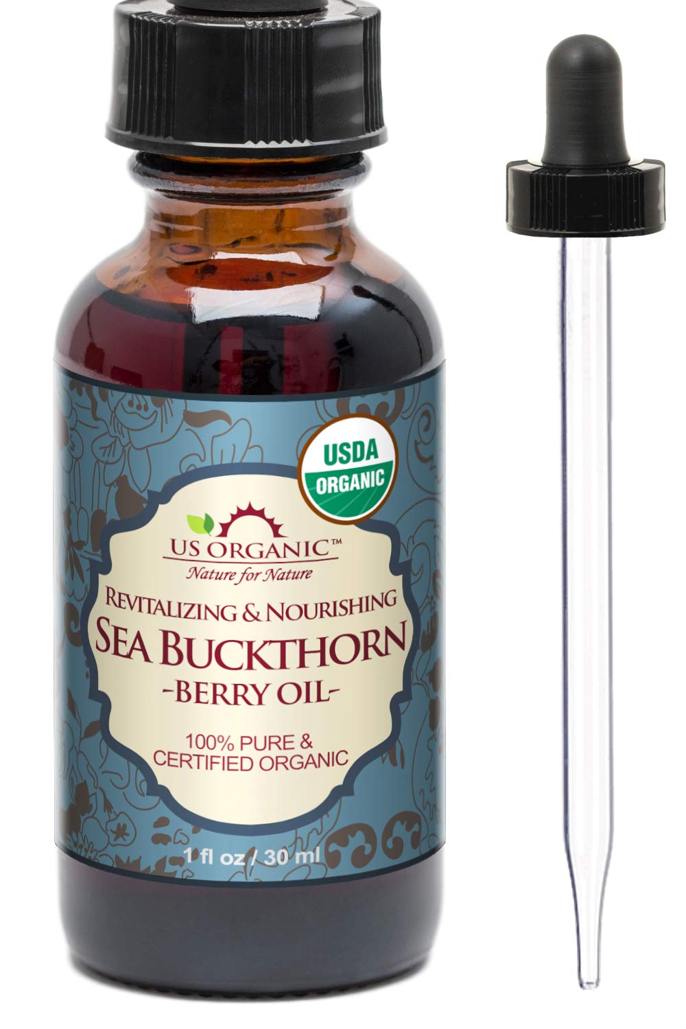 US Organic Sea Buckthorn Berry (Fruit) Oil, Supercritical CO2 extracted, USDA Certified Organic,100% Pure Virgin, Unrefined in Amber Glass Bottle, Face, Hair, spot Treatment, Anti Aging, 1 oz (30 ml)