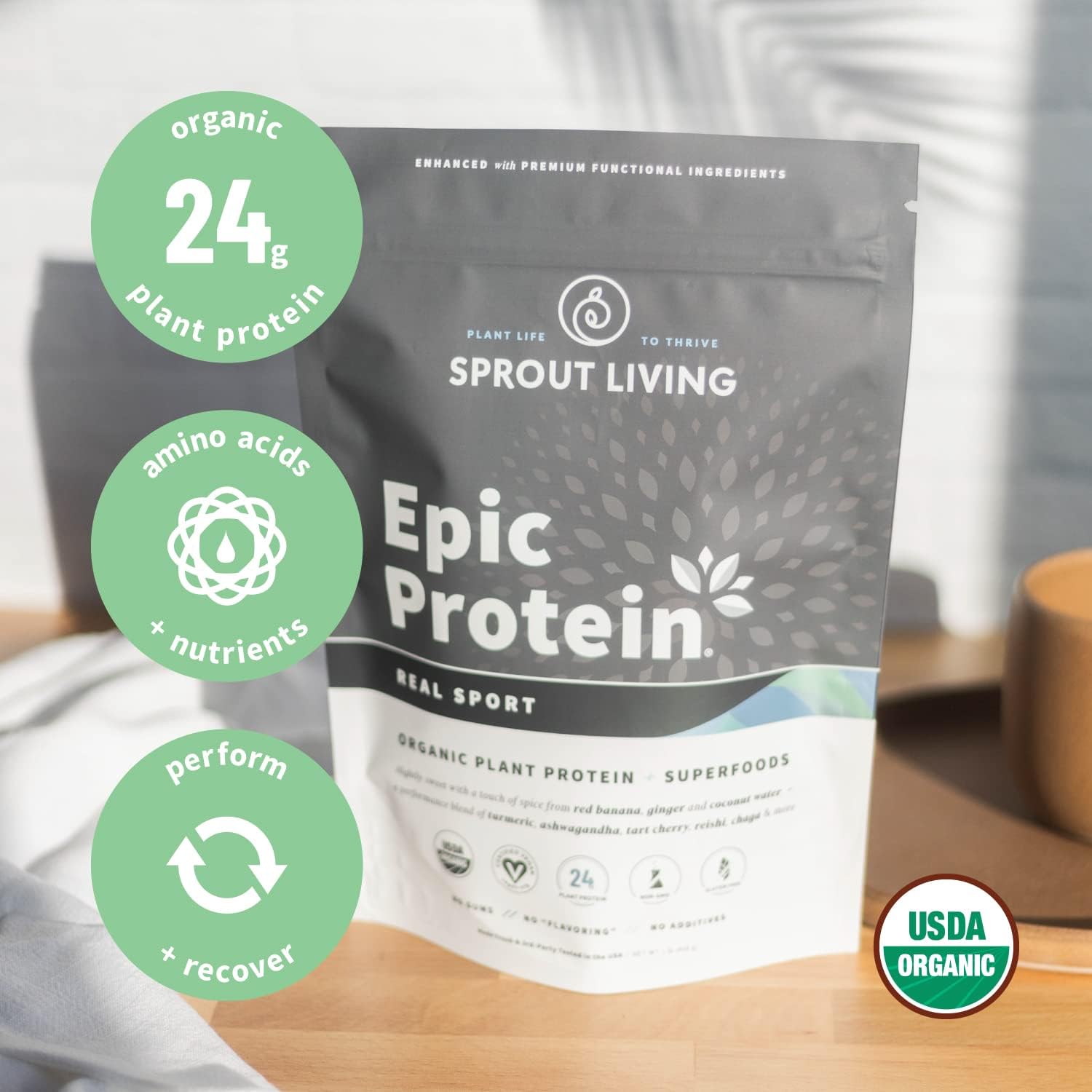 Sprout Living, Epic Protein, Plant Based Protein & Superfoods Powder, Real Sport | 24 Grams Organic Protein Powder, Recovery, Vegan, Non Dairy, Non-GMO, Gluten Free, Low Sugar (1 Pound, 12 Servings) : Health & Household