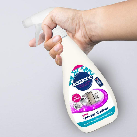 Ecozone Ultra Shower Cleaner, 3-In-1 Anti-Bacterial De-Scaler & Anti Mould Polish, Cleaning Spray & Leave Formula, High Shine Finish, Natural Vegan & Non Toxic, Plant Based & Cruelty-Free (500Ml)