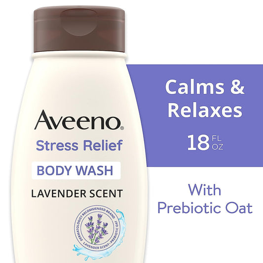 Aveeno Stress Relief Body Wash With Soothing Oat & Lavender Scent For Sensitive Skin, Moisturizing Shower Wash Gently Cleanses & Helps You Feel Calm & Relaxed, Sulfate-Free, 18 Fl. Oz