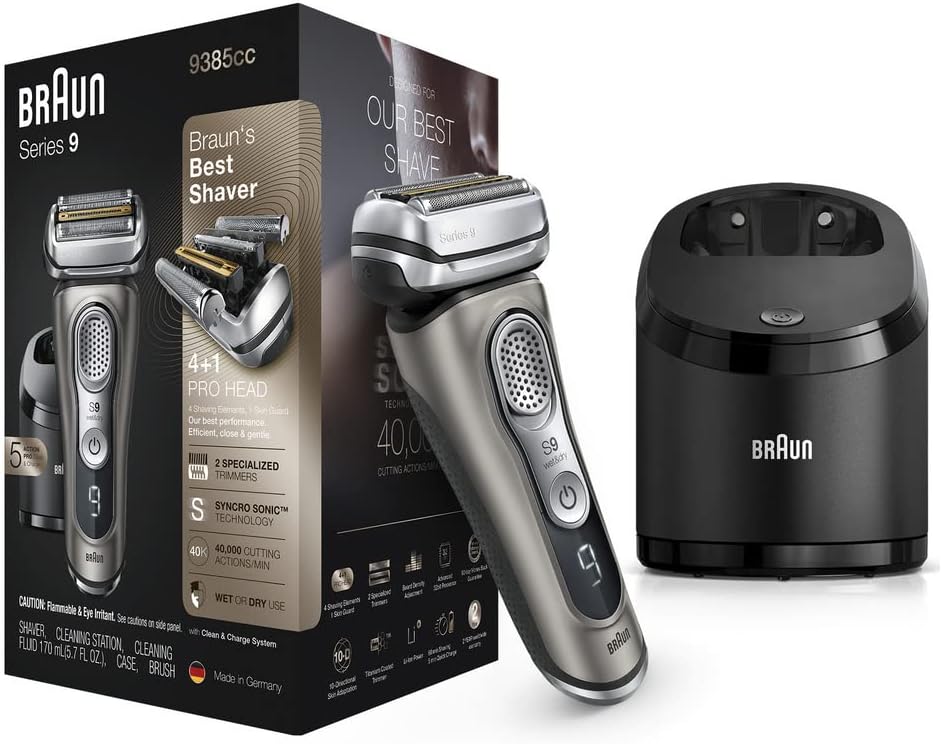 Braun Series 9 9385Cc Latest Generation Electric Shaver, Rechargeable & Cordless Electric Razor For Men, With Clean&Charge Station & Leather Travel Case