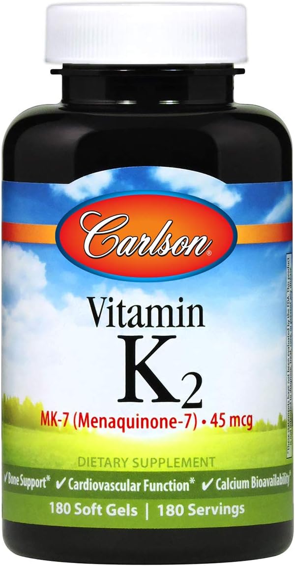 Carlson - Vitamin K2 MK-7 (Menaquinone), 45 mcg, Bone Support, Calcium Bioavailability, K2 Vitamin, Vitamin K-2, 180 Softgels