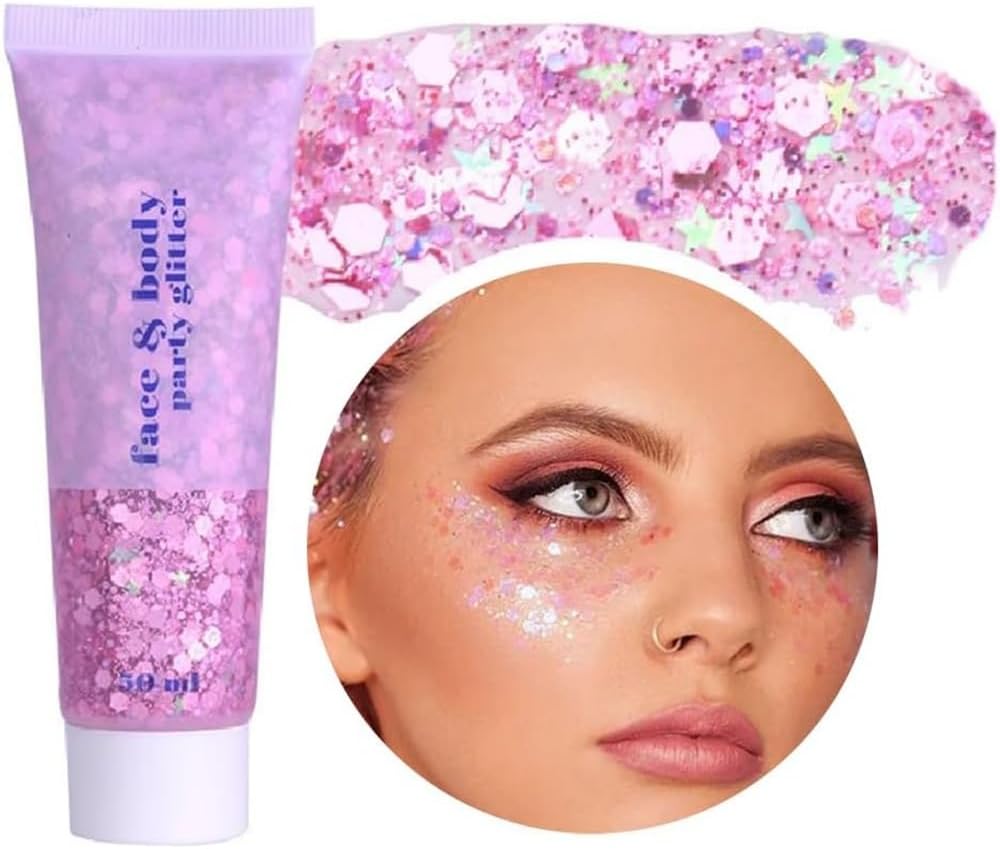 Beliky Girl Body Glitter Gel, 50Ml Face Glitters Body Gel Sequins Shimmer Liquid Eyeshadow, Mermaid Sequins Liquid Holographic Glitter Gel, Chunky Glitter For Face Hair Nails (Pink)