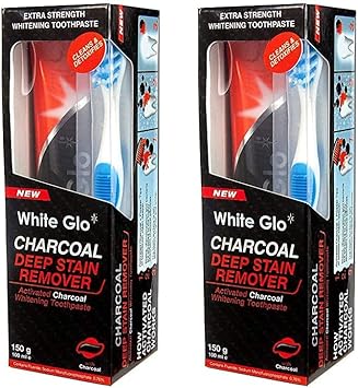 White Glo Charcoal Deep Stain Remover Toothpaste, 100Ml -Pack Of 2 With Sanitral 50 Pcs Dental Floss Stick Included As A Gift