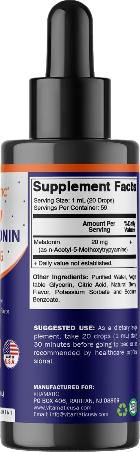 Vitamatic 2 Packs Melatonin 20mg Liquid Drops - 2 Fluid Ounce (59ml) - Natural Berry Flavor - for Adults - Non-GMO - Vegetarian Supplement : Health & Household
