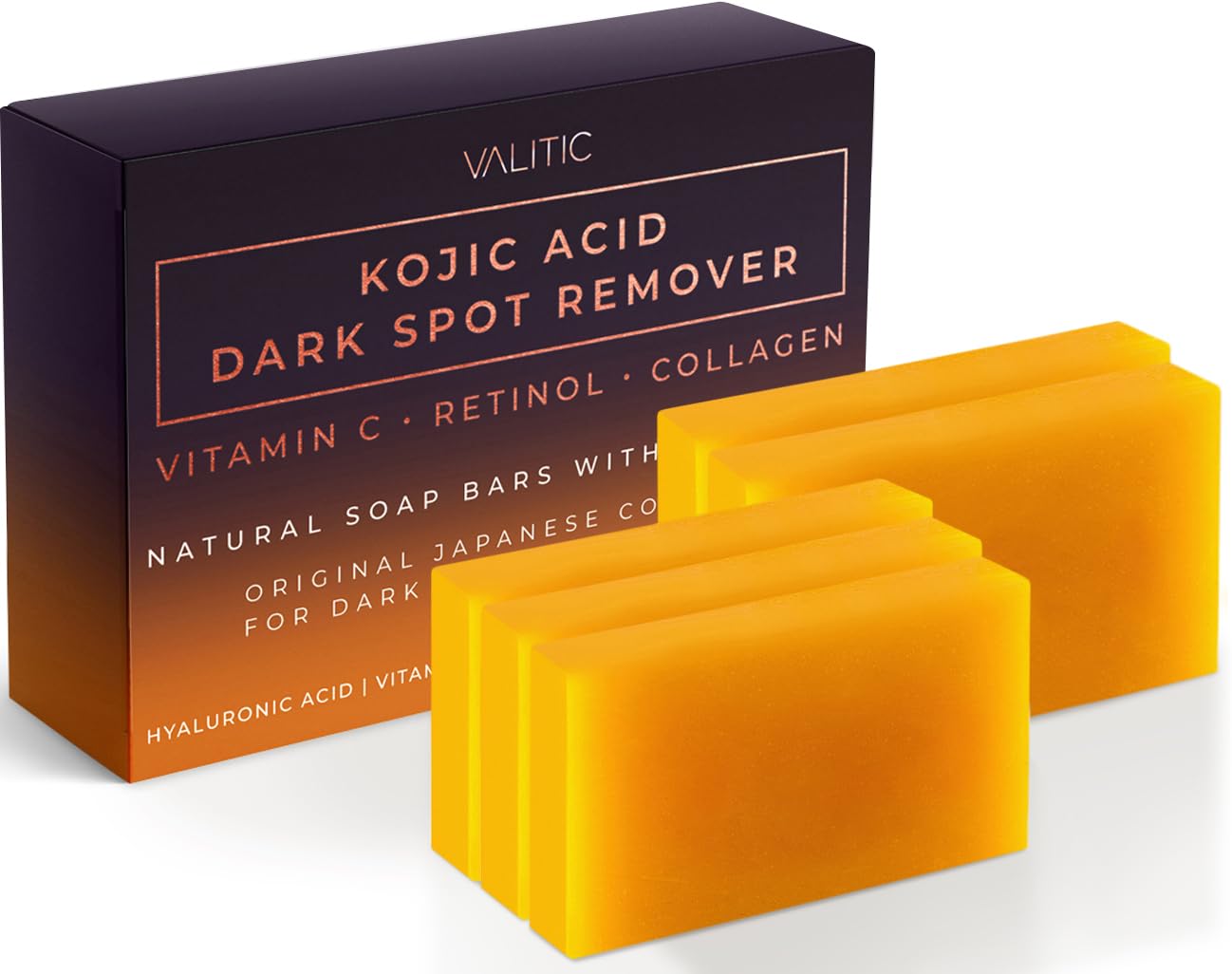 Valitic Kojic Acid Dark Spot Remover Soap Bars With Vitamin C, Retinol, Collagen, Turmeric - Original Japanese Complex Infused With Hyaluronic Acid, Vitamin E, Shea Butter, Castile Olive Oil - 5 Pack