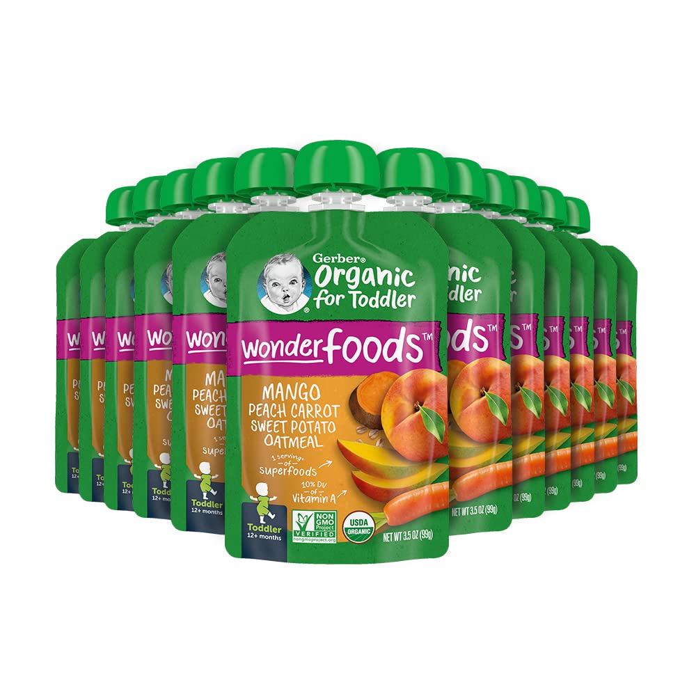 Gerber Organic Baby Food Pouches, Toddler, Wonderfoods, Mango Peach Carrot Sweet Potato & Oatmeal, 3.5 Ounce (Pack Of 12)