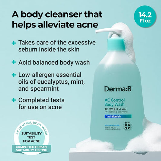 DERMA B AC Control Body Wash 420ml,14.2 Fl.oz, Anti-Blemish & Pimples Care, Hypoallergenic Body Cleanser, Trouble Solution for All Skin Types, Soothing & Refreshing Shower Gel, Korean Skincare