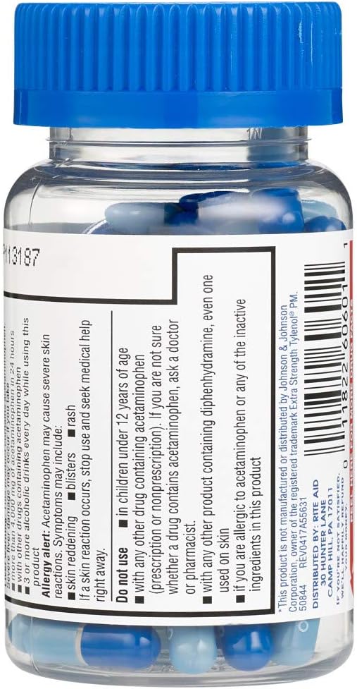 Rite Aid Extra Strength PM Pain Relief Gelcaps, 500 mg Acetaminophen / 25 mg Diphenhydramine - 80 Count | Nighttime PM Pain Reliever + Sleep Aid | Arthritis Pain Relief | Menstrual Pain Relief : Health & Household