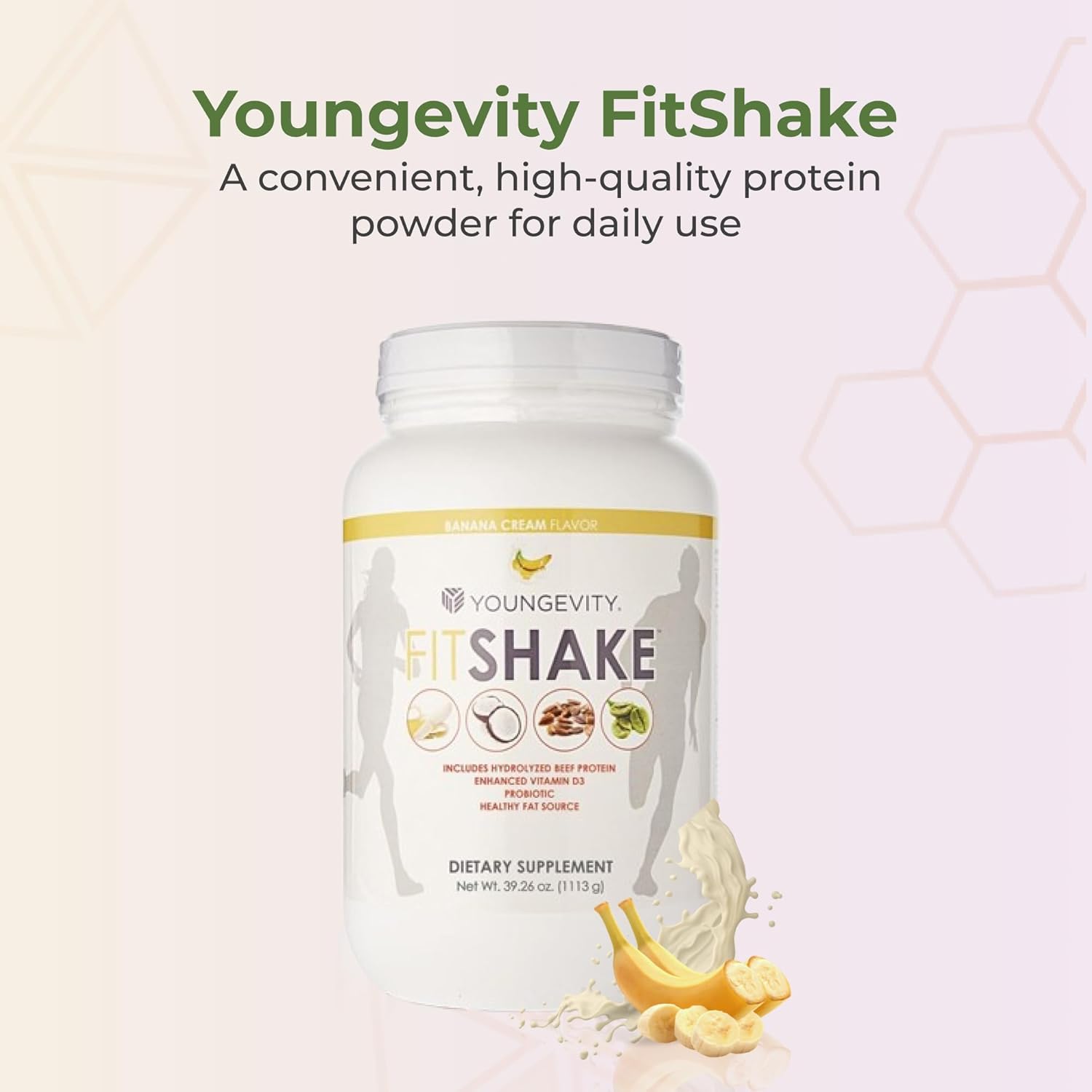 Youngevity Fitshake™ Banana Cream | 20G Gut-Friendly Protein | Electrolytes, Minerals, Collagen, Gelatin, Vitamin D, Probiotics, And More | 30 Servings - 2.4 Lbs