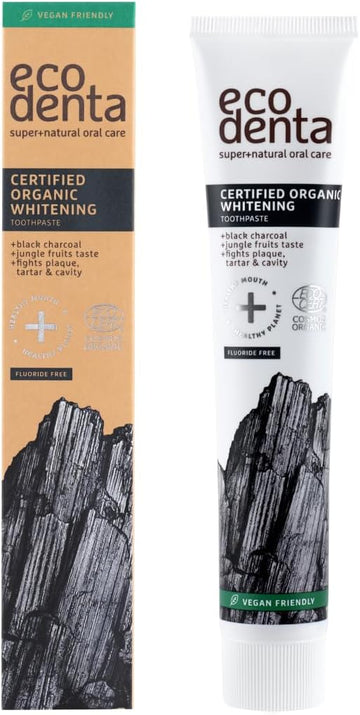 Ecodenta Charcoal Toothpaste, Teeth Whitening Tooth Paste I Naturally Whitens Teeth And Removes Plaque I Fluoride Free Black Natural Toothpaste With Aloe Vera, 75Ml