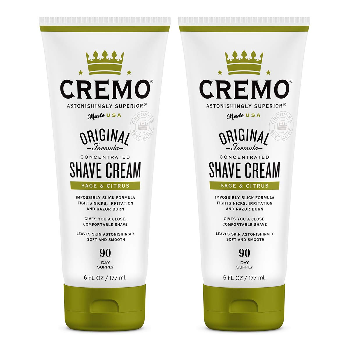 Cremo Barber Grade Sage & Citrus Shave Cream, Astonishingly Superior Ultra-Slick Shaving Cream Fights Nicks, Cuts and Razor Burn, 6 Fl Oz (2 Pack)