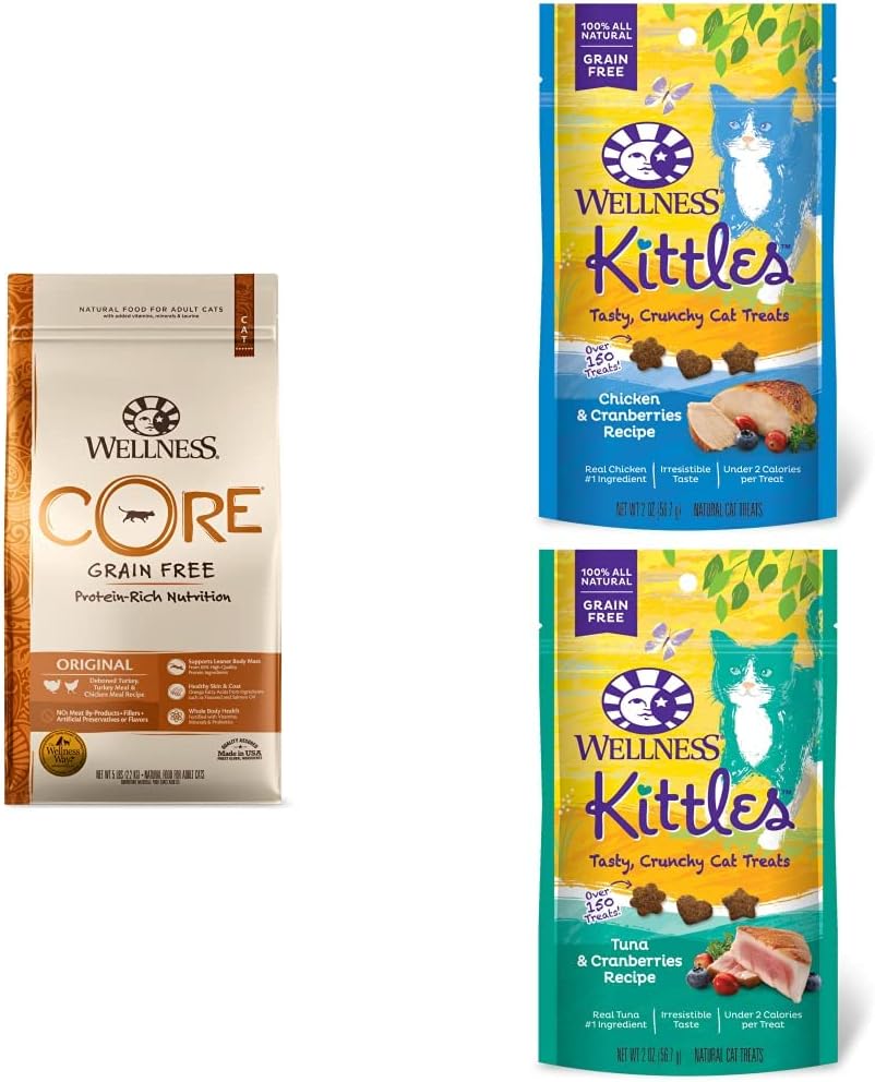 Wellness CORE Grain Free Dry Cat Food, Original Recipe, Turkey, 5 Pound Bag Bundle + 2 Pack of Wellness Kittles Natural Grain Free Cat Treats (Chicken & Tuna) : Pet Supplies