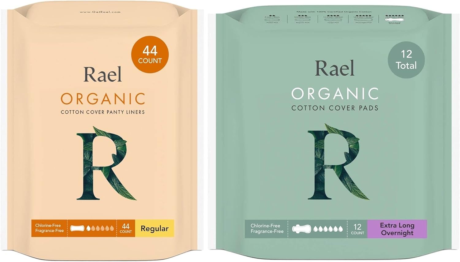 Rael Organic Cotton Cover Panty Liners (Regular, 44 Count) & Extra Long Overnight Pads (12 Count) Bundle