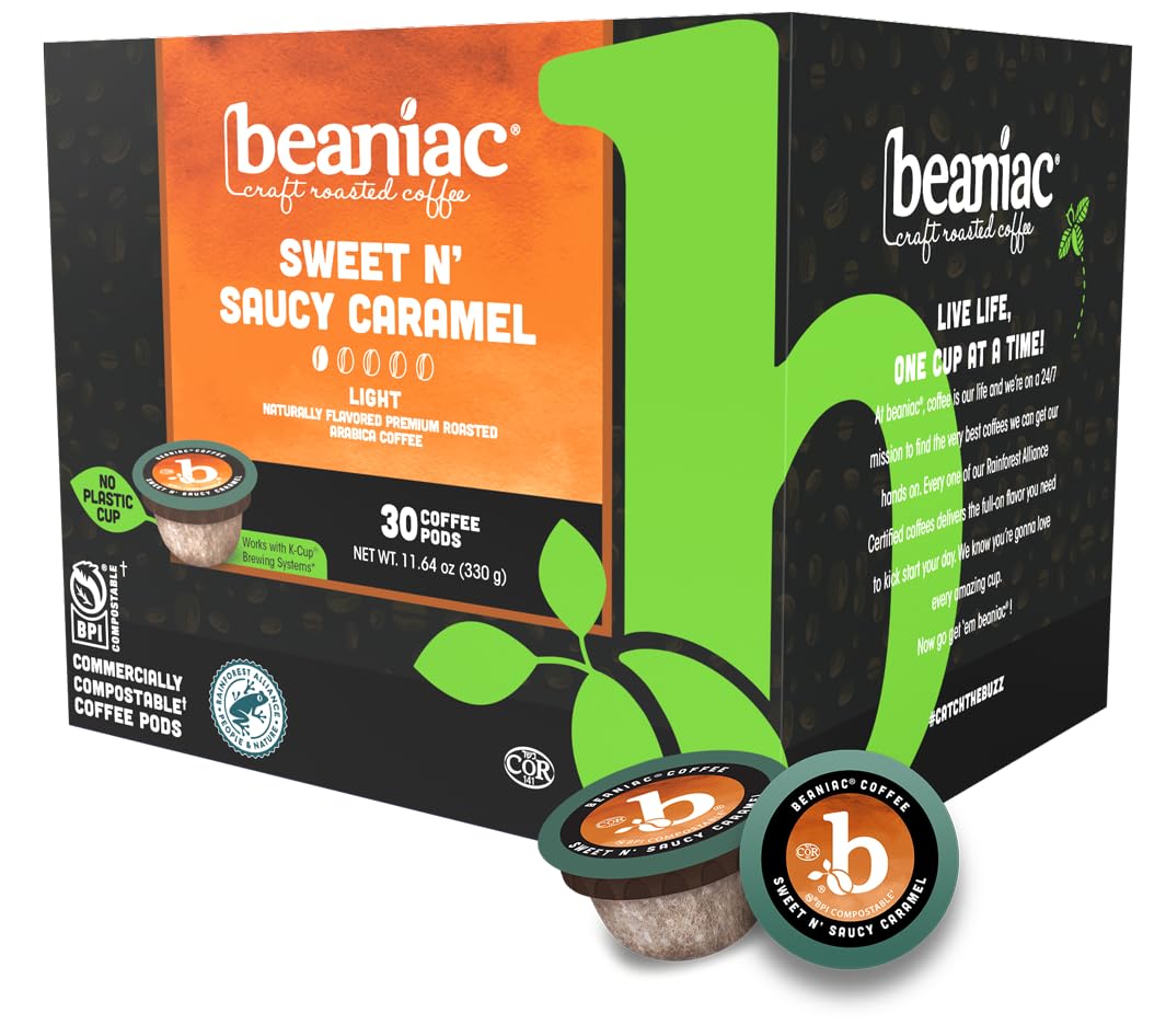 Beaniac Sweet N' Saucy Caramel, Flavored Light Roast, Single Serve Compostable K Cup Coffee Pods, Organic Arabica Coffee With Natural Flavors, Keurig Brewer Compatible, 30 Count