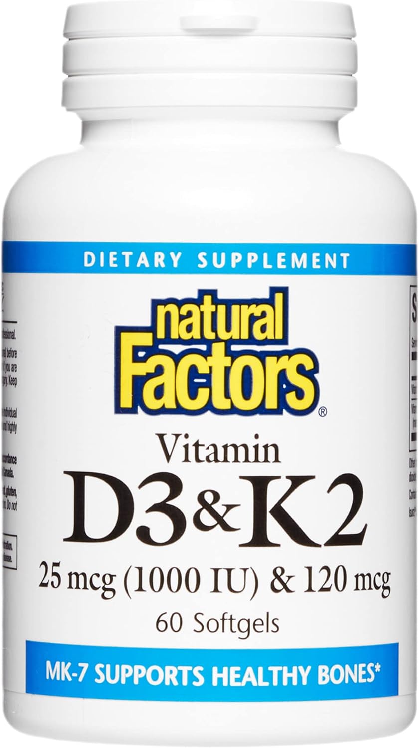 Natural Factors, Vitamin D3 & K2 1000 Iu And 120 Mcg, Supports Bone And Vascular Health, 60 Softgels