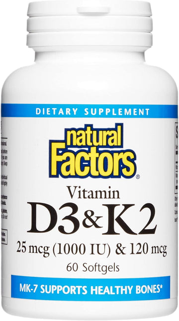 Natural Factors, Vitamin D3 & K2 1000 IU and 120 mcg, Supports Bone and Vascular Health, 60 Softgels